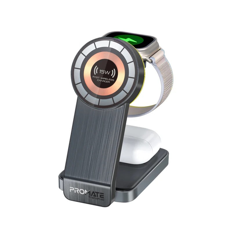 Promate 3 in 1 Transparent Foldable MagSafe Compatible Wireless Charging Station with Night Light - Black