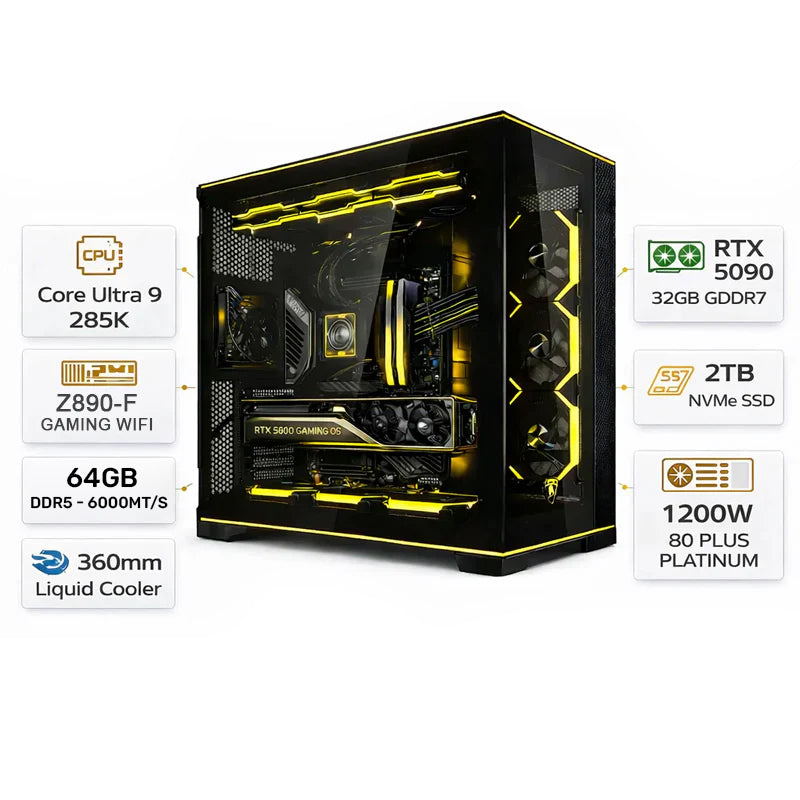 Custom Gaming PC Intel Core Ultra 9 285K, RTX 5090 32GB GDDR7, 64GB DDR5 6000MT/s, 2TB NVMe, Windows 11 Pro