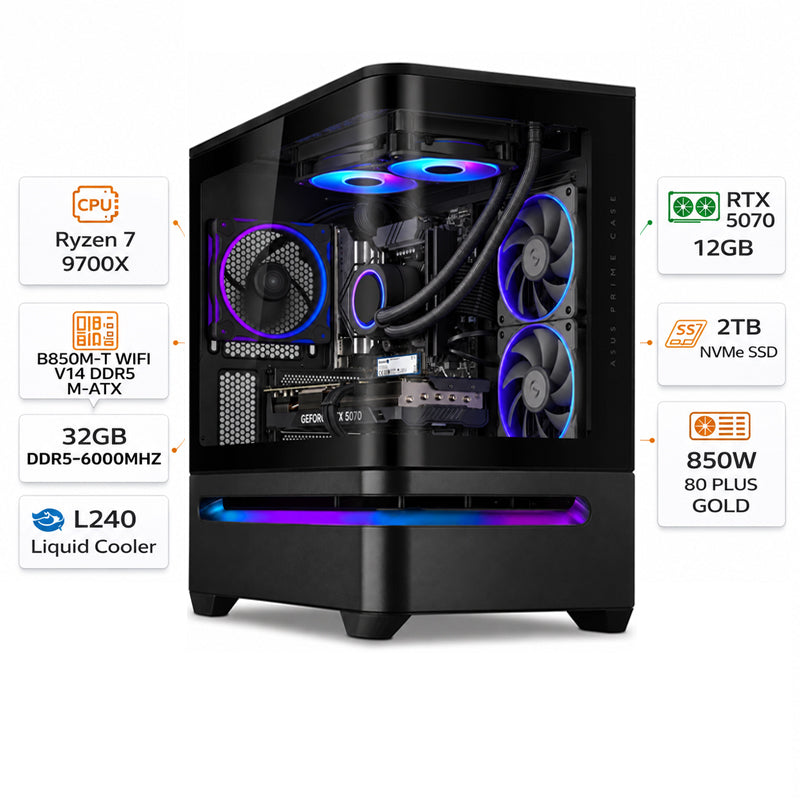 Custom Gaming PC AMD Ryzen 7 9700X, RTX 5070 OC 12GB VRAM, 32GB RAM DDR5 6000MHz, 2TB NVMe, Windows 11 Pro