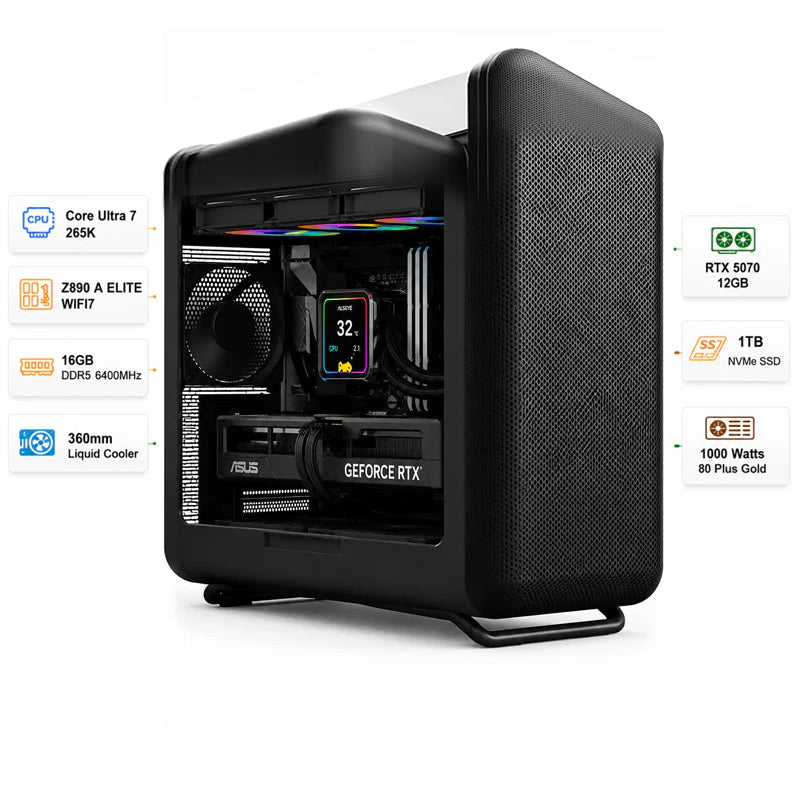 Custom Gaming PC Intel Core Ultra 7 265K, RTX 5070 12GB, 16GB RAM DDR5 6400MHz, 1TB SSD, Windows 11 Pro