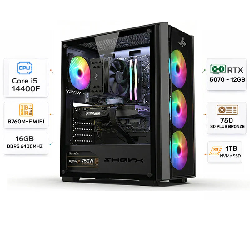 Custom Gaming PC Intel Core i5-14400F, RTX 5070 12GB, 16GB RAM DDR5 6400MHz, 1TB SSD, Windows 11 Pro