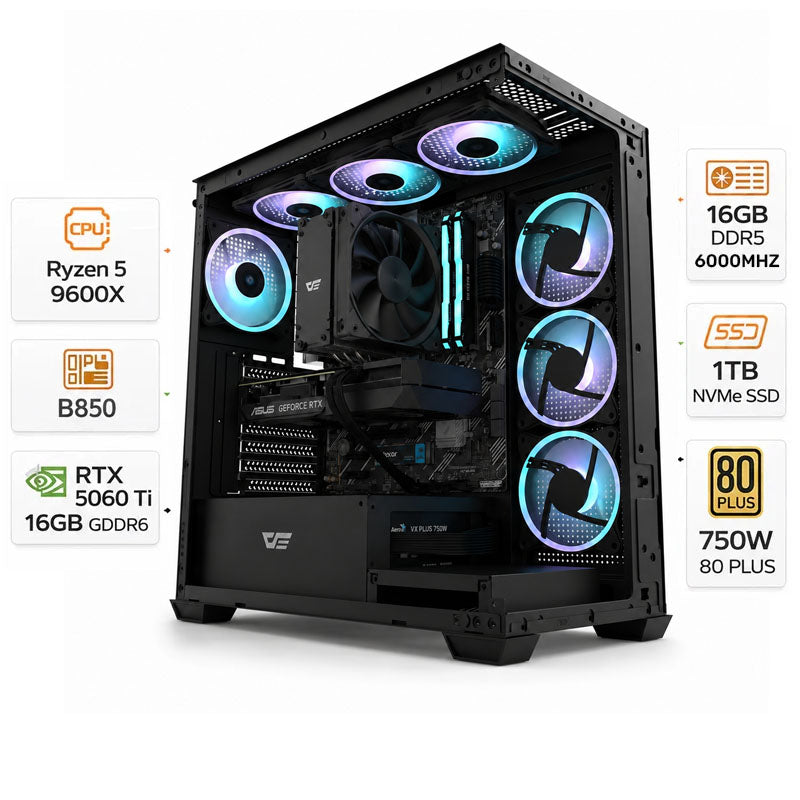 Custom Gaming PC AMD Ryzen 5 9600X, RTX 5060 Ti 16GB, RAM 16GB DDR5 6000MHz, 1TB NVMe SSD, Windows 11