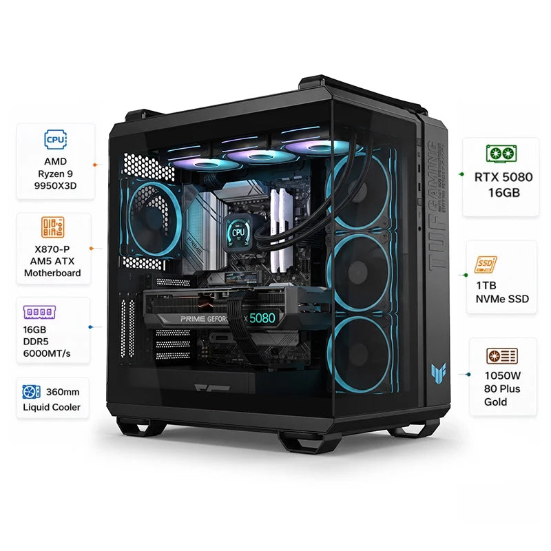 Custom Gaming PC AMD Ryzen 9 9950X3D, RTX 5080 16GB, Ram 16GB DDR5 6000MT/s, 1TB NVMe SSD, Windows 11 Pro