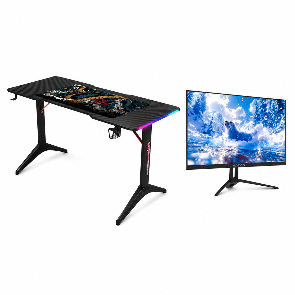 طاولة ألعاب Gamax RGB سوداء من ألياف الكربون، مقاس 120 × 60 × 74 سم، تتضمن لوحة ماوس مع لوحة مفاتيح، وشاشة ألعاب ST-Seal مقاس 22 بوصة بدقة FHD 1920 × 1080، ومعدل تحديث 120 هرتز، وتقنية IPS، ولون أسود مطفي، ضمن باقة خاصة.