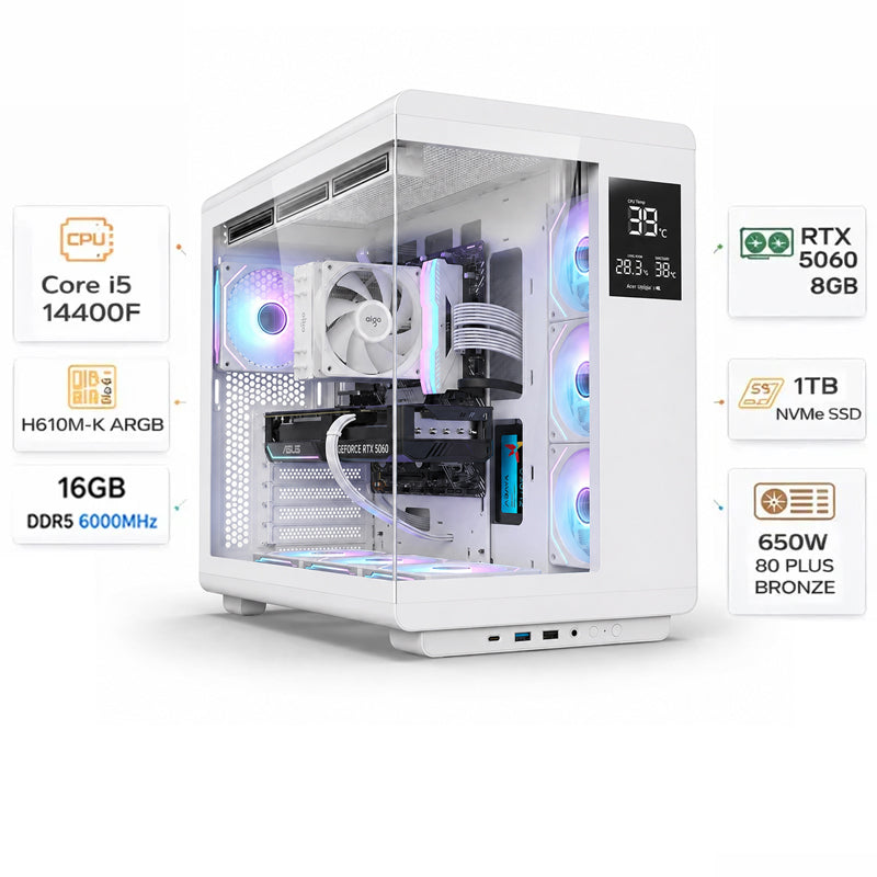 Custom Gaming Pc Intel Core i5-14400F, RTX 5060 8GB, (1*16)16GB RAM DDR5 6000MHz, 1TB SSD, Windows 11 Pro