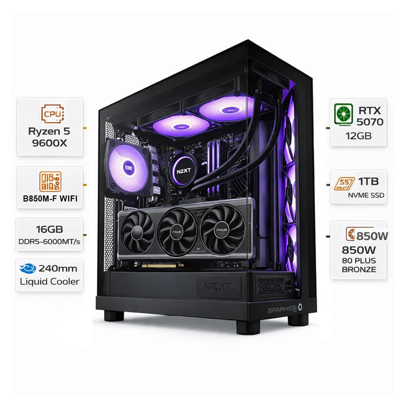Custom Gaming PC Ryzen 5 9600X, RTX 5070 12GB, 16GB DDR5 6000, 1TB NVMe, Windows 11 Pro