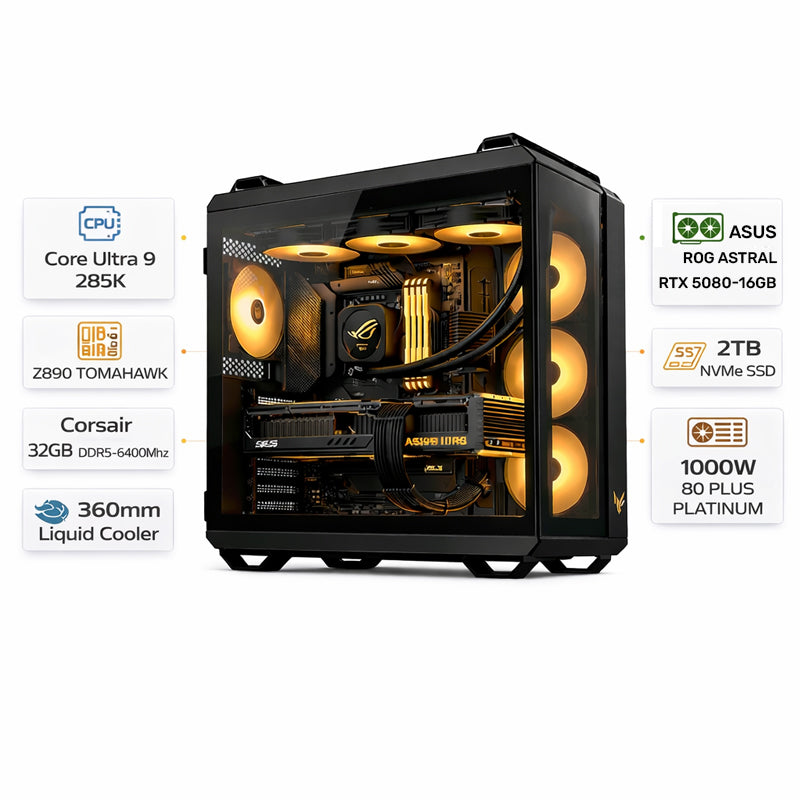 كمبيوتر الألعاب بمعالج إنتل كور ألترا ٩-٢٨٥كي، كارت شاشة اسوس روج أسترال آر تي إكس ٥٠٨٠ بسعة ١٦ جيجابايت، رامات كورسير ٣٢ جيجابايت دي دي آر٥، هارد إس إس دي بسعة ٢ تيرابايت، ويندوز ١١ برو