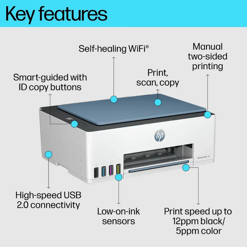 طابعة HP Smart Tank 580 متعددة الوظائف - سرعة طباعة 12 صفحة في الدقيقة / دقة 4800 نقطة في البوصة / مقاس A4 / منفذ USB / واي فاي / بلوتوث / طابعة نفث حبر ملونة - 1F3Y2A