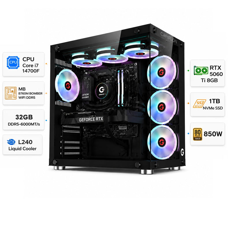 Custom Gaming PC Intel Core i7-14700F, RTX 5060 Ti, 32GB DDR5, 1TB NVMe, Windows 11 Pro