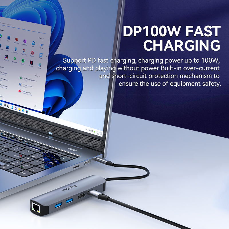 VegGieg Type-C to HDMI+USB3.0*1+USB2.0+RJ45 100Mbps+PD(100W) 5-in-1 Docking Station Model V-TC05R