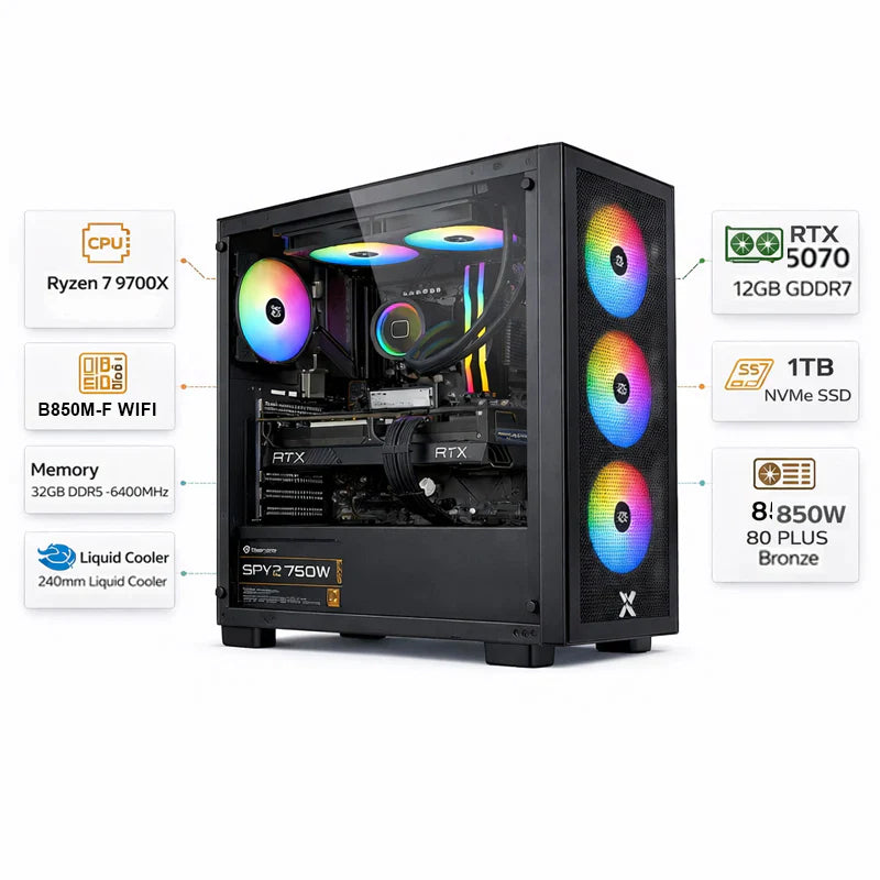 Custom Gaming PC AMD Ryzen 7 9700X, RTX 5070 12GB, 32GB DDR5 6400MT/s, 1TB NVMe, Windows 11 Pro