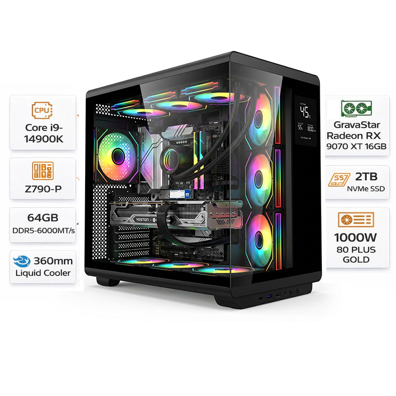 Custom Gaming PC Intel Core i9-14900K, GravaStar Radeon RX 9070 XT Mercury Nova OC 16GB, 64GB RAM DDR5, 2TB NVMe, Windows 11 Pro