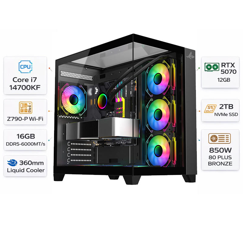 Custom Gaming PC Intel Core i7-14700KF, RTX 5070 12GB, 16GB RAM DDR5 6000MT/s, 2TB NVMe, Windows 11 Pro