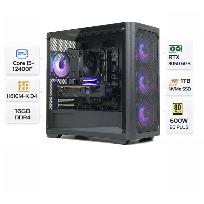 Custom Gaming PC Intel Core i5-12400F, RTX 3050 6GB, 16GB RAM DDR4, 1TB SSD, Windows 11 Pro