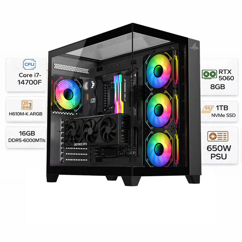 كمبيوتر الألعاب بمعالج إنتل كور آي٧-١٤٧٠٠ إف، كارت شاشة آر تي إكس ٥٠٦٠ بسعة ٨ جيجابايت، رامات ١٦ جيجابايت دي دي آر٥، هارد إن ڤي إم إي إس إس دي بسعة ١ تيرابايت، ويندوز ١١ برو