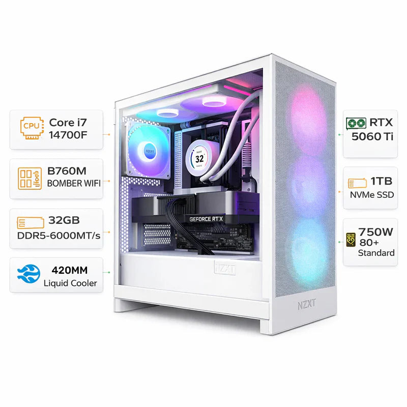 Custom Gaming PC Intel Core i7-14700F, RTX 5060 Ti, 32GB RAM DDR5, 1TB NVMe, Windows 11 Pro
