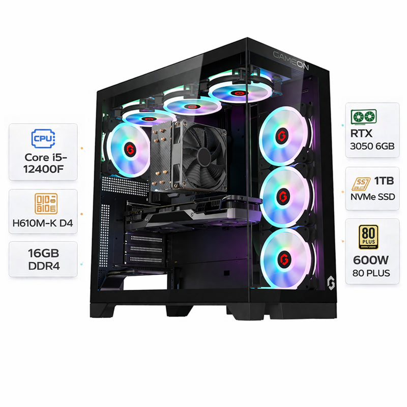 Custom Gaming PC Intel Core i5-12400F, RTX 3050 6GB, 16GB RAM DDR4, 1TB SSD, Windows 11 Pro