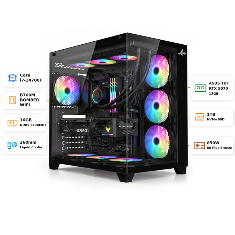 Custom Gaming PC Intel Core i7-14700F, ASUS TUF RTX 5070 12GB, 16GB RAM DDR5 6400MHz, 1TB NVMe SSD, Windows 11 Pro