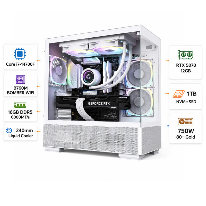 Custom Gaming PC Intel Core i7-14700F, RTX 5070 12GB, 16GB RAM DDR5, 1TB NVMe SSD, Win 11 Pro