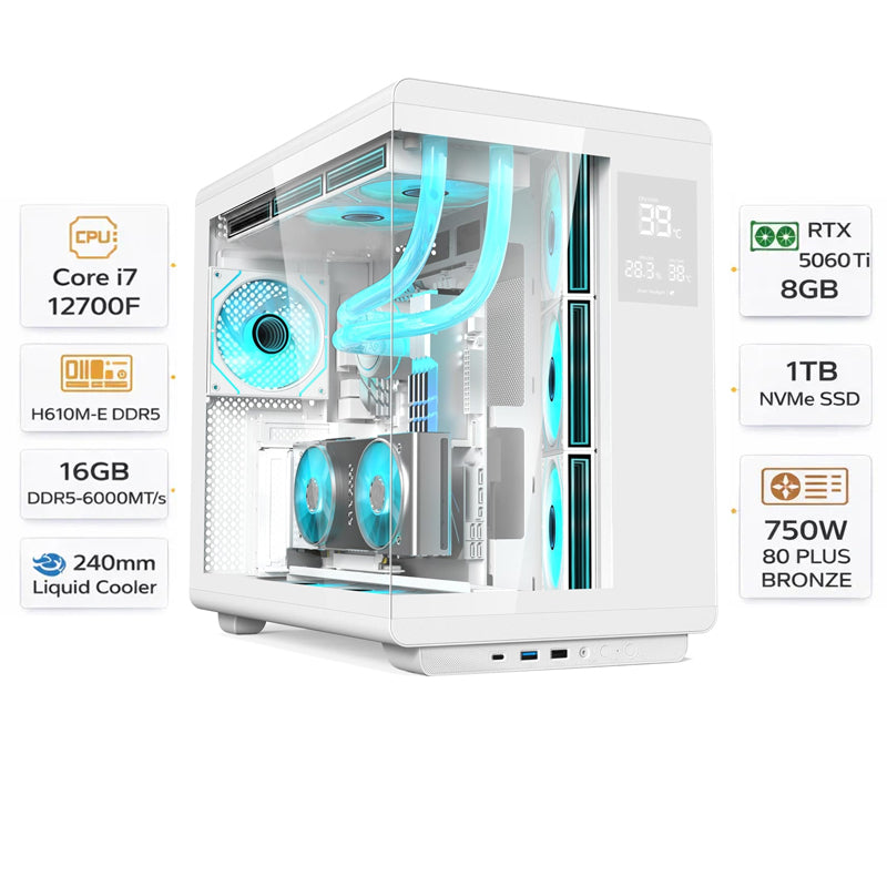 Custom Gaming PC Intel Core i7-12700F, RTX 5060 Ti 8GB, 16GB RAM DDR5 6000MHz, 1TB NVMe, Windows 11 Pro