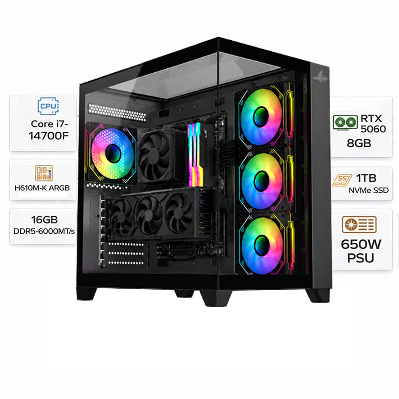 Custom Gaming Pc Intel Core I7-14700F, RTX 5060 8GB, 16GB RAM DDR5, 1TB NVMe SSD, Windows 11 Pro