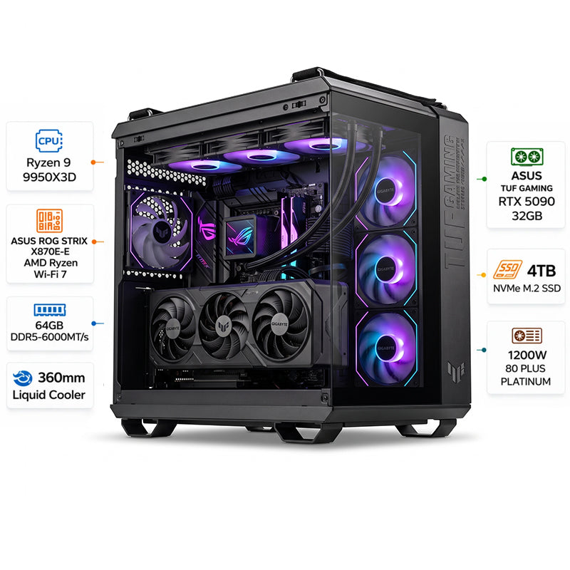 Custom Gaming PC AMD Ryzen 9 9950X3D, RTX 5090 32GB، RAM 64GB DDR5 6000MT/s, 4TB NVMe SSD, Windows 11 Pro