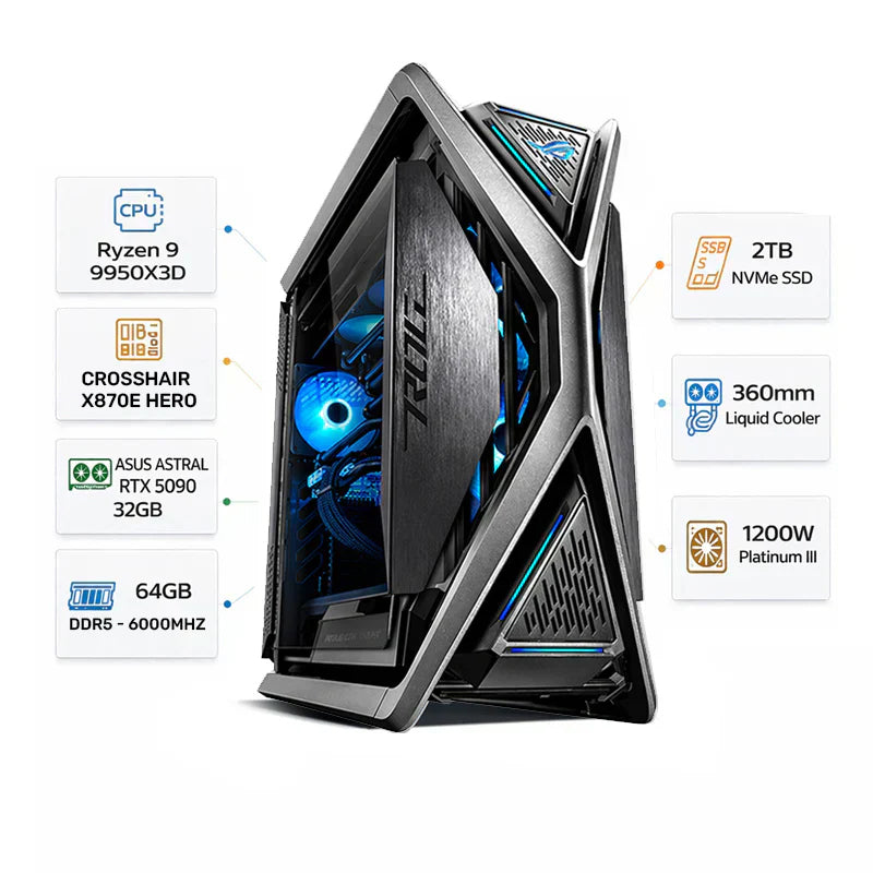 Custom Gaming PC RYZEN 9-9950X3D, ASUS ASTRAL RTX 5090 32GB, 64GB Ram DDR5 6000MHz, 2TB SSD NVMe, Windows 11 Pro