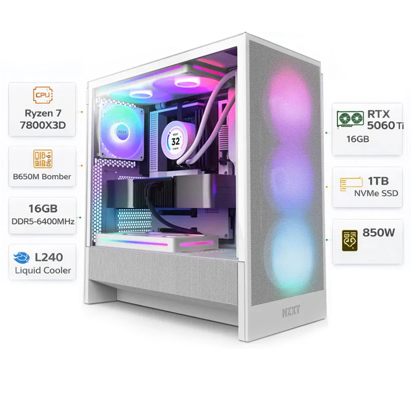 Custom Gaming PC Ryzen 7 7800X3D, RTX 5060 Ti 16GB, 16GB DDR5 6400MHz, 1TB NVMe, Windows 11 Pro