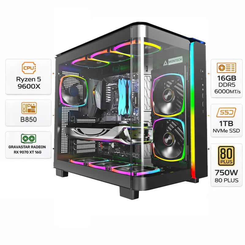 Custom Gaming PC AMD Ryzen 5 9600X, GravaStar AMD RADEON RX 9070 XT 16G GDDR6, RAM 16GB DDR5, 1TB NVMe, Windows 11