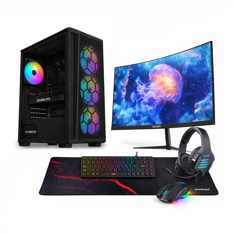 Custom Gaming PC Bundle Intel Core i5-14400F, RTX 5060 8GB, DDR4 16GB, 500GB SSD, with 24" Curved Monitor & Gamax GM-204 Full PC Accessories