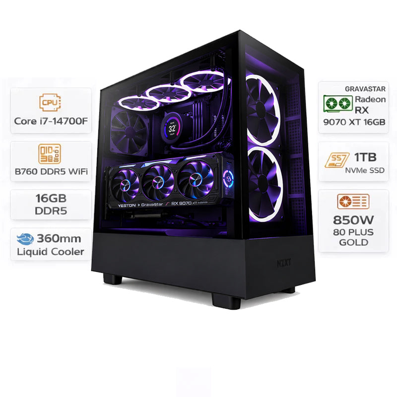 Custom Gaming PC Intel Core i7-14700F, GravaStar RX 9070 XT 16GB, 16GB DDR5, 1TB NVMe, Windows 11 Pro