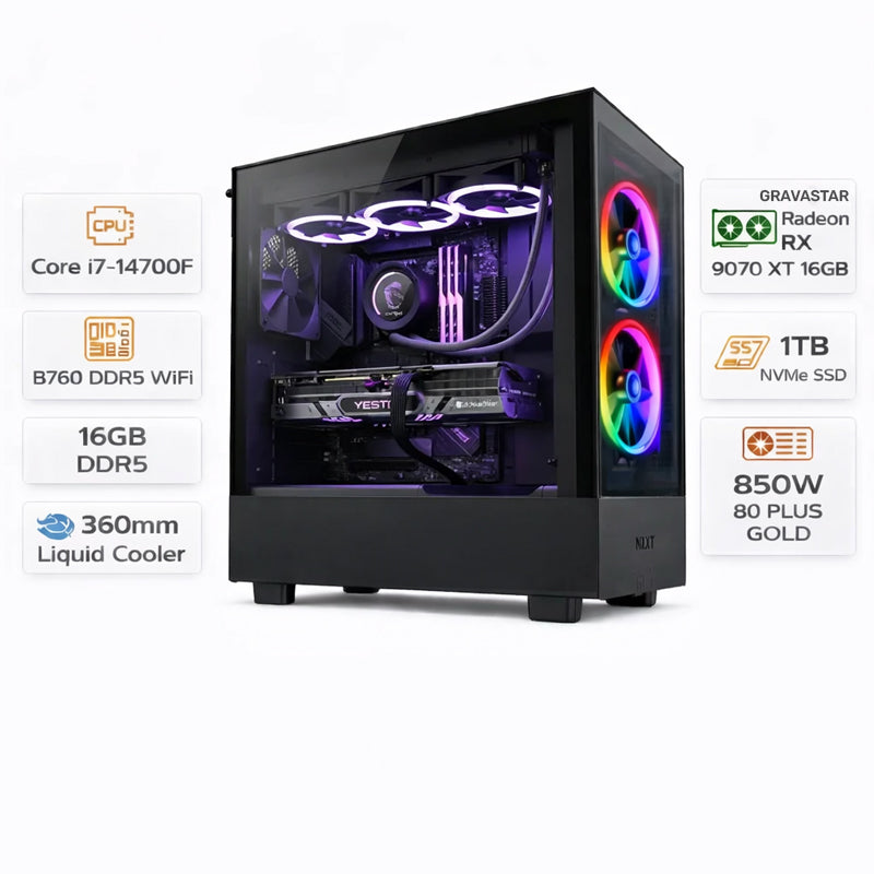 Custom Gaming PC Intel Core i7-14700F, GravaStar RX 9070 XT 16GB, 16GB DDR5, 1TB NVMe, Windows 11 Pro