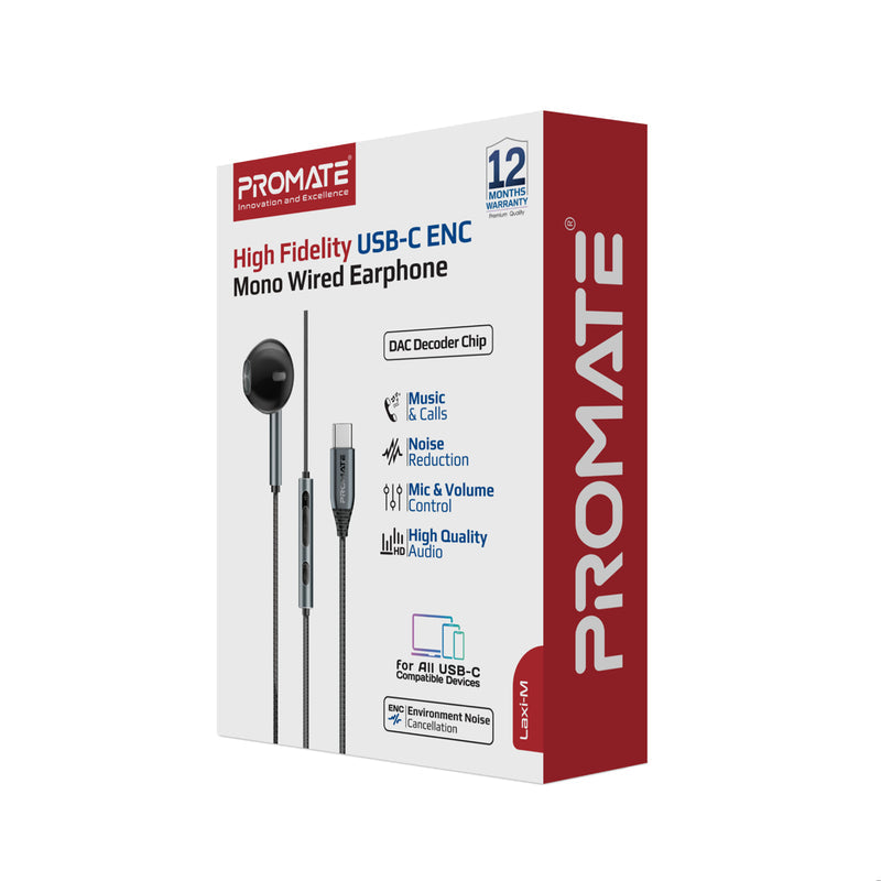 Promate Laxi-M.Black High Fidelity USB-C ENC Mono Wired Earphone In-Line Microphone & Volume Controls - Black