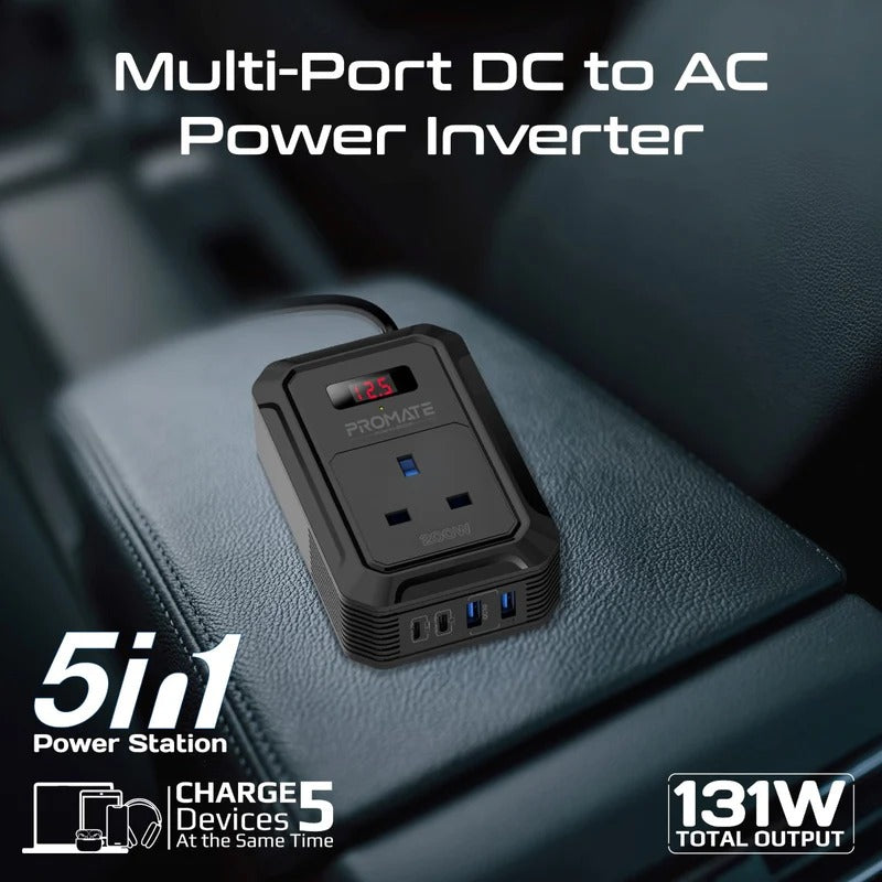 Promate Multi-Port DC to AC Power Inverter with 200W AC Socket - Black