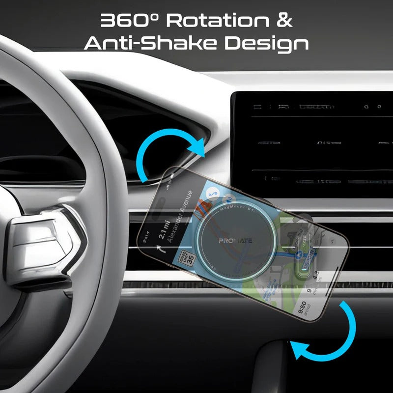 Promate 2-in-1 MagSafe Compatible 15W Wireless Car Charger with Built-in Wireless Mono ENC Earphone - Black