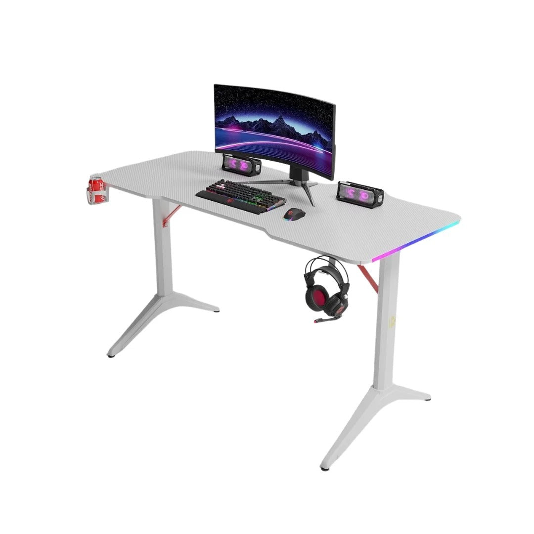 110cm RGB Carbon Fiber Gaming Desk Table with Cup & Speaker Holders - White