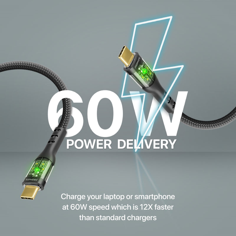 Promate Transline CC200 60W Power Delivery Ultra-Fast USB-C Cable with Transparent Shells 1.2 Meter - Black