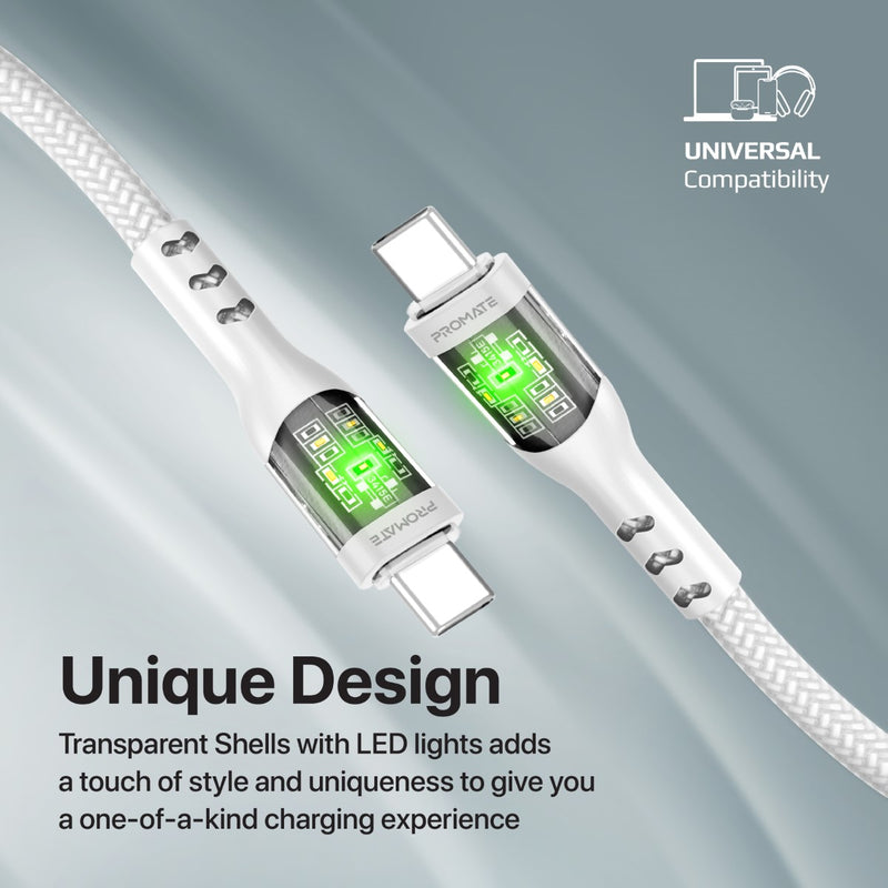Promate Transline CC200 60W Power Delivery Ultra-Fast USB-C Cable with Transparent Shells 1.2 Meter - White
