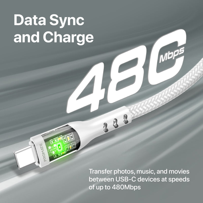 Promate Transline CC200 60W Power Delivery Ultra-Fast USB-C Cable with Transparent Shells 1.2 Meter - White