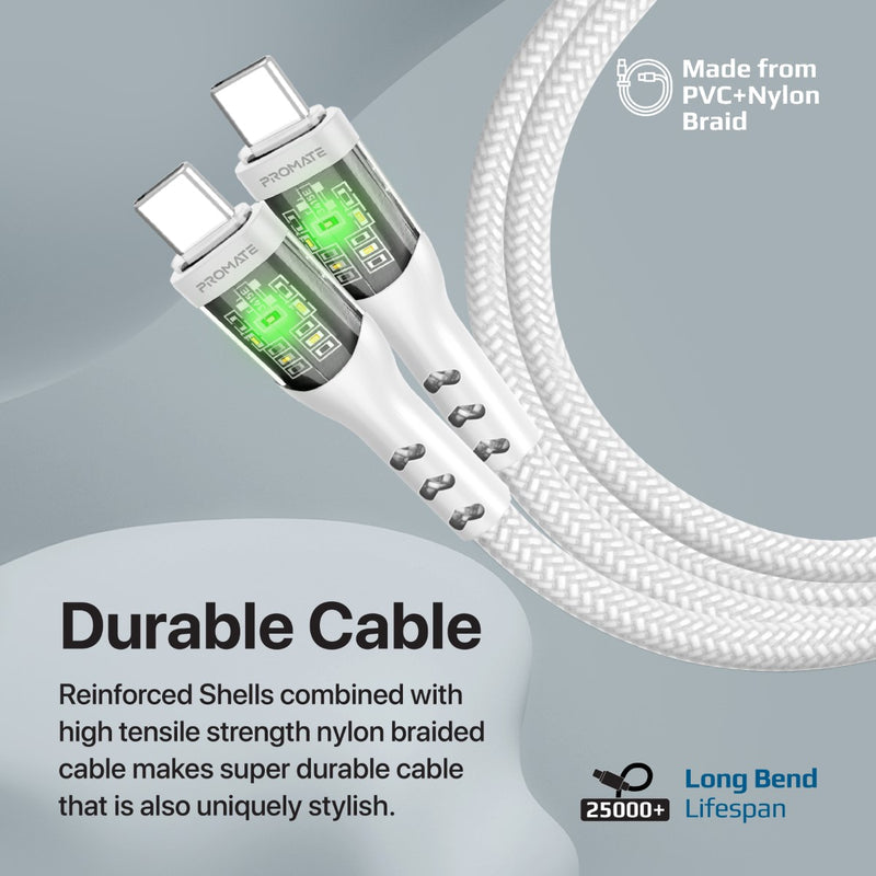 Promate Transline CC200 60W Power Delivery Ultra-Fast USB-C Cable with Transparent Shells 1.2 Meter - White