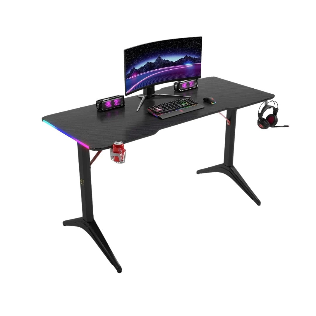 110cm RGB Carbon Fiber Gaming Desk Table with Cup & Speaker Holders - Black