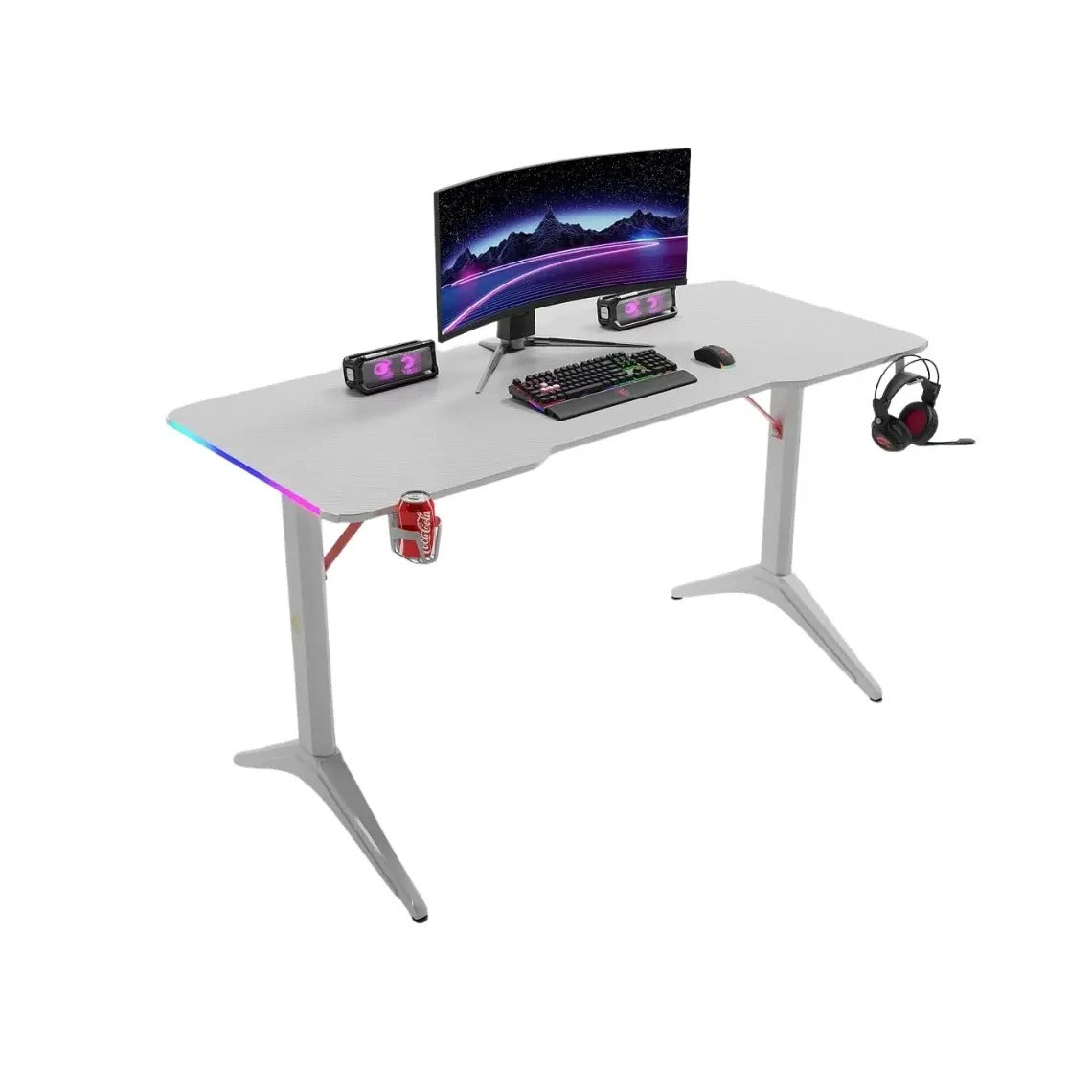 110cm RGB Carbon Fiber Gaming Desk Table with Cup & Speaker Holders - White
