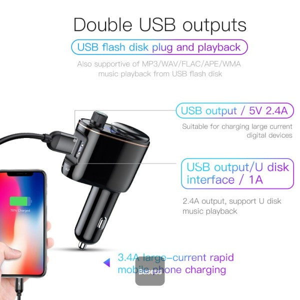FM transmitter for car 2x USB, Bluetooth and locomotive Car charger Baseus (open box)