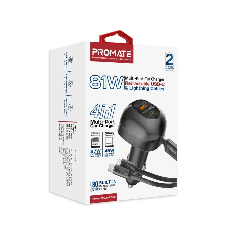 Promate 81W Multi-Port Car Charger with Retractable USB-C & Lightning Cables - BLACK