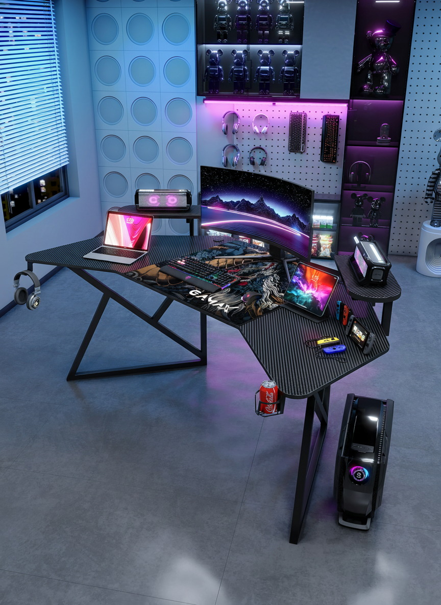 Gamax D2204B Curved Carbon fiber Gaming Table 180*70*74 cm with Multi Level Shelves & Mousepad - Black (Installation Not Included)