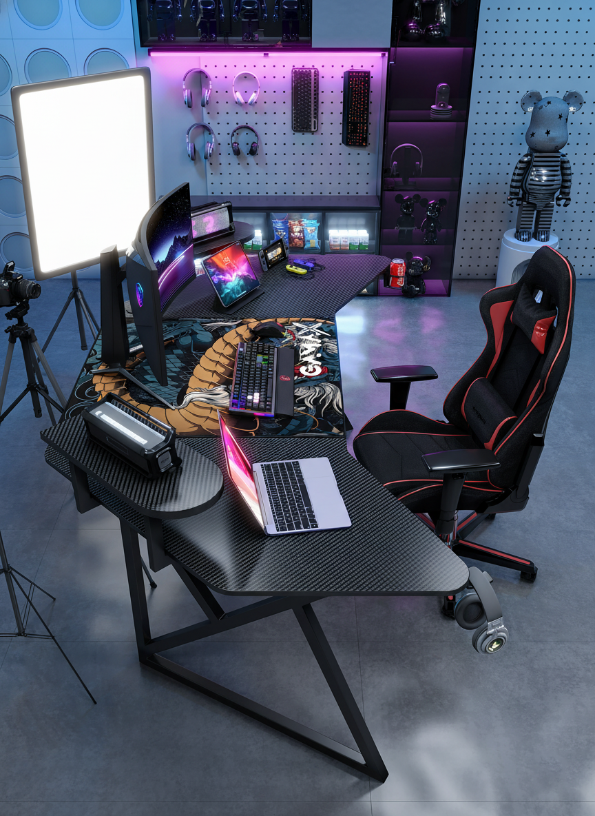 Gamax D2204B Curved Carbon fiber Gaming Table 180*70*74 cm with Multi Level Shelves & Mousepad - Black (Installation Not Included)