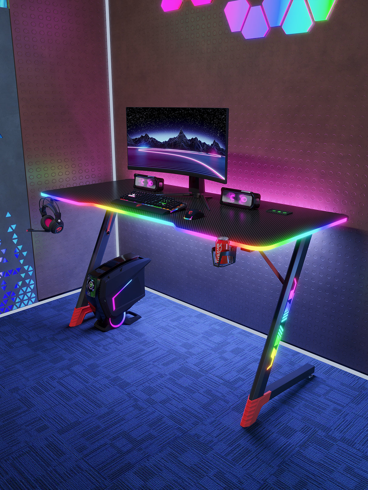Gamax D2501 3 Sides RGB Carbon fiber Gaming Table 120*60*74 cm with Mousepad - Black (Installation Not Included)