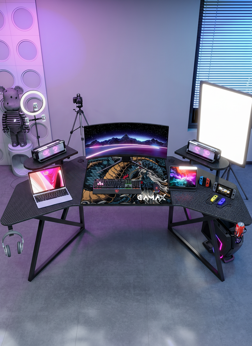 Gamax D2204B Curved Carbon fiber Gaming Table 180*70*74 cm with Multi Level Shelves & Mousepad - Black (Installation Not Included)