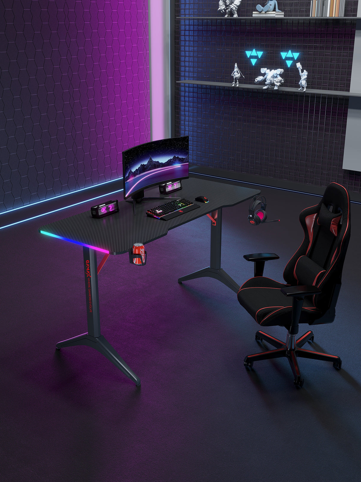 طاولة ألعاب Gamax RGB سوداء من ألياف الكربون، مقاس 120 × 60 × 74 سم، تتضمن لوحة ماوس مع لوحة مفاتيح، وشاشة ألعاب ST-Seal مقاس 22 بوصة بدقة FHD 1920 × 1080، ومعدل تحديث 120 هرتز، وتقنية IPS، ولون أسود مطفي، ضمن باقة خاصة.