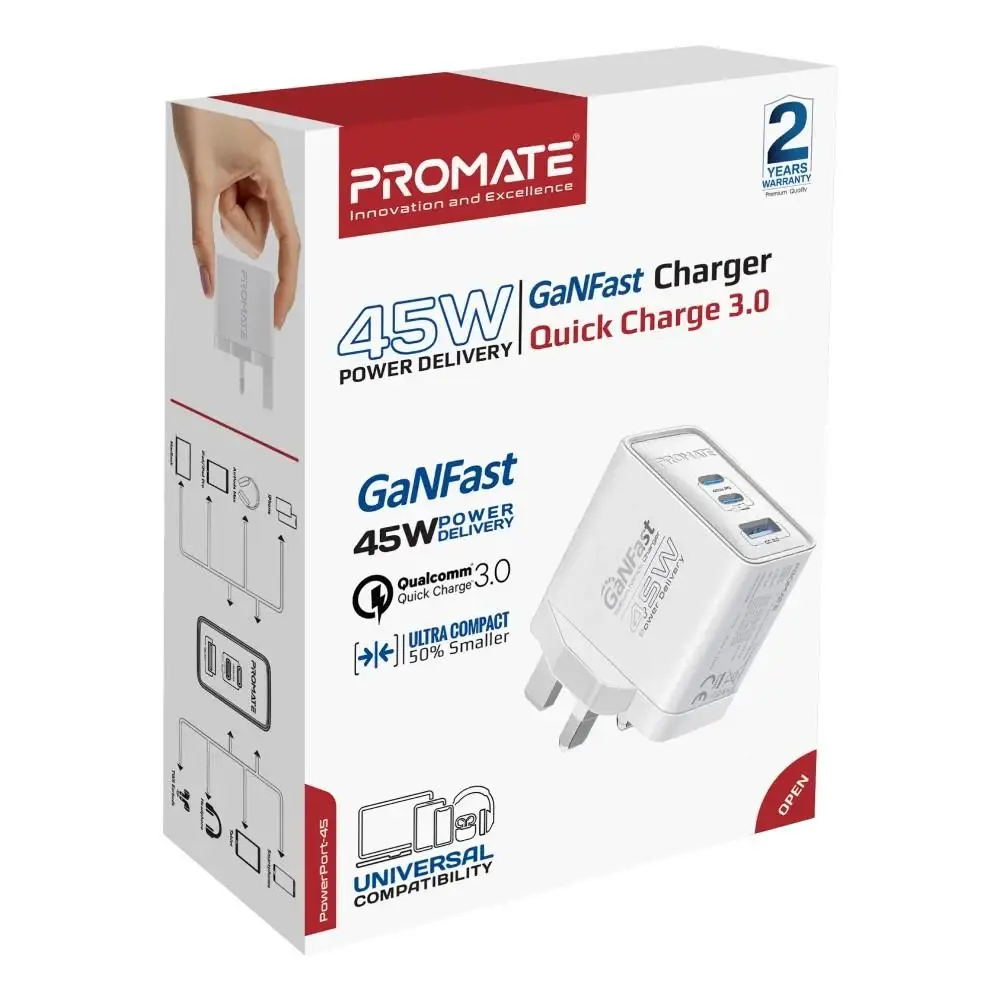 Promate 45W Power Delivery GaNFast Charging Adapter • 2 x 45W USB-C PD Ports - White